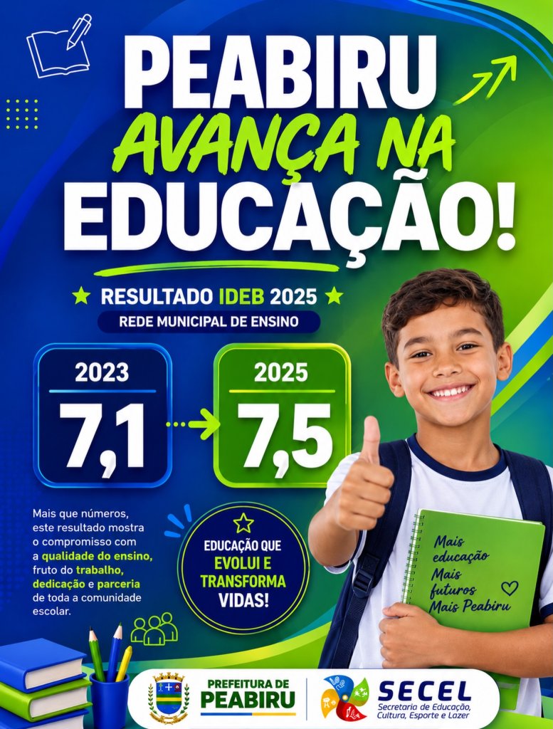 PEABIRU AVANÇA NA EDUCAÇÃO E ALCANÇA NOTA 7,5 NO IDEB 2025